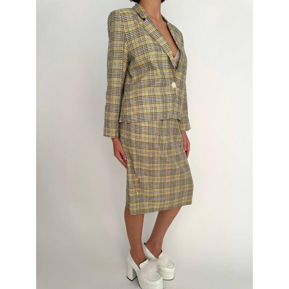 90s vintage yellow tartan plaid Clueless blazer pencil skirt matching suit set - Picture 5 of 9